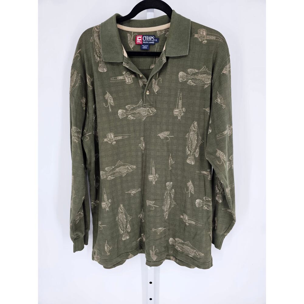 Chaps x Ralph Lauren Men's Long Sleeve Polo Shirt Size XL Fishing Print